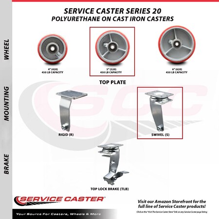Service Caster 5 Inch Red Poly on Cast Iron Wheel Swivel Caster with Roller Bearing SCC SCC-20S520-PUR-RS